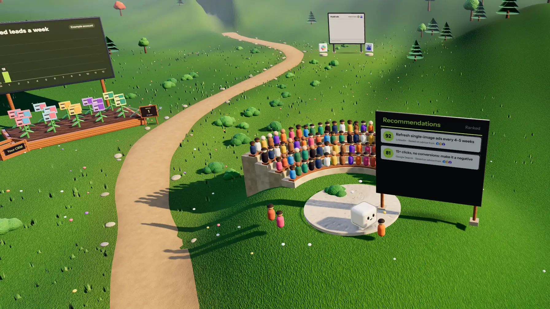 The Tofu cube on a small stage, presenting to a crowd seated on grassy terraces, next to a board of ad recommendations